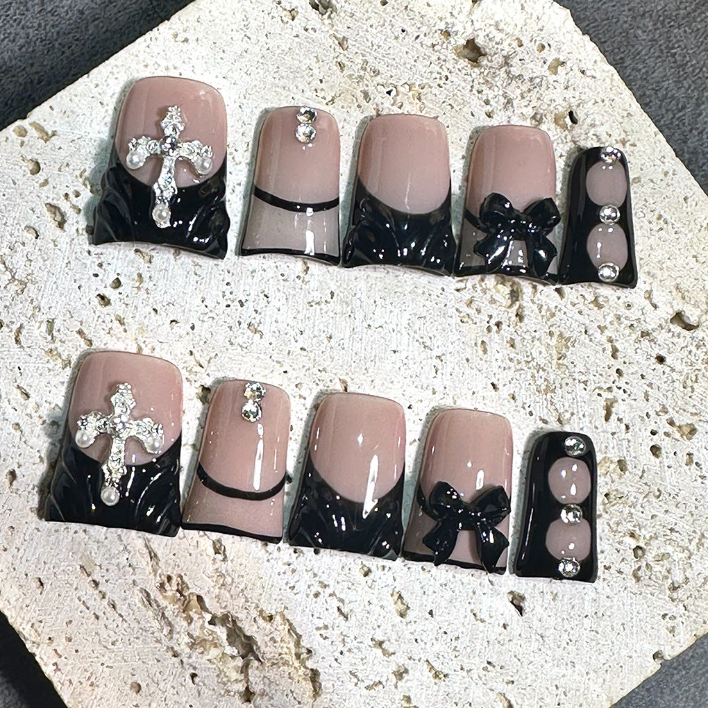 Nude Black French Nails with Cross and Bow Details