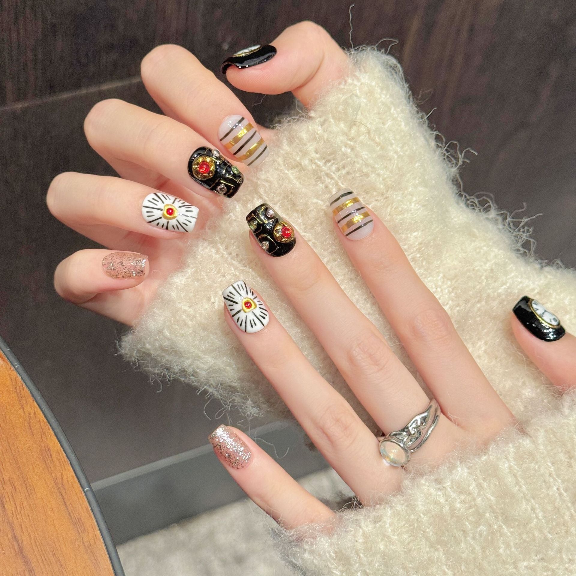 365nails: "Timeless Opulence" – 3D Watch & Heart Handmade Short Almond Nails