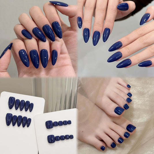 Simple and high-end white solid color ink blue gray glossy hand and foot set, purely handmade nails | 365nails