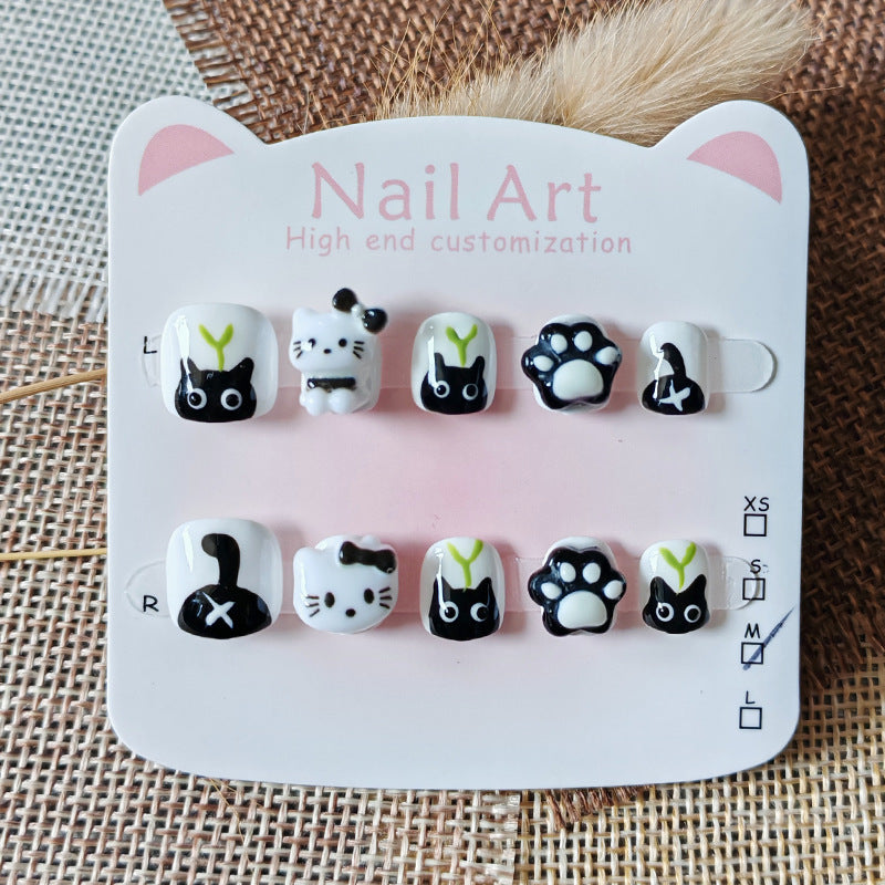 365nails: "monochrome mischievous kitty" – short wide handmade kids press-on nails