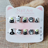 365nails: "monochrome mischievous kitty" – short wide handmade kids press-on nails