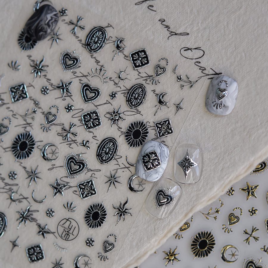 Vintage Gothic Ornament Collection: "Gilded Celestial" – 3D Metallic Nail Sticker