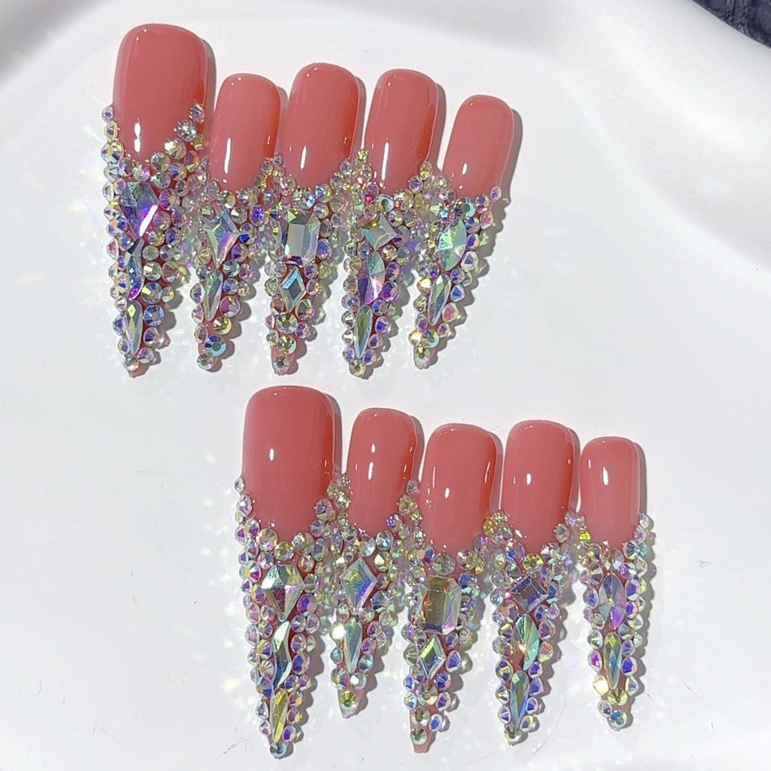 Coral Crystal Drip Extra Long Press On Nails