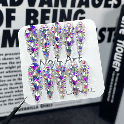 Adesivo de unha postiço Flash Handmade K9 Aurora AB Symphony com ponta longa e diamante completo para unhas vestíveis ｜ 365nails