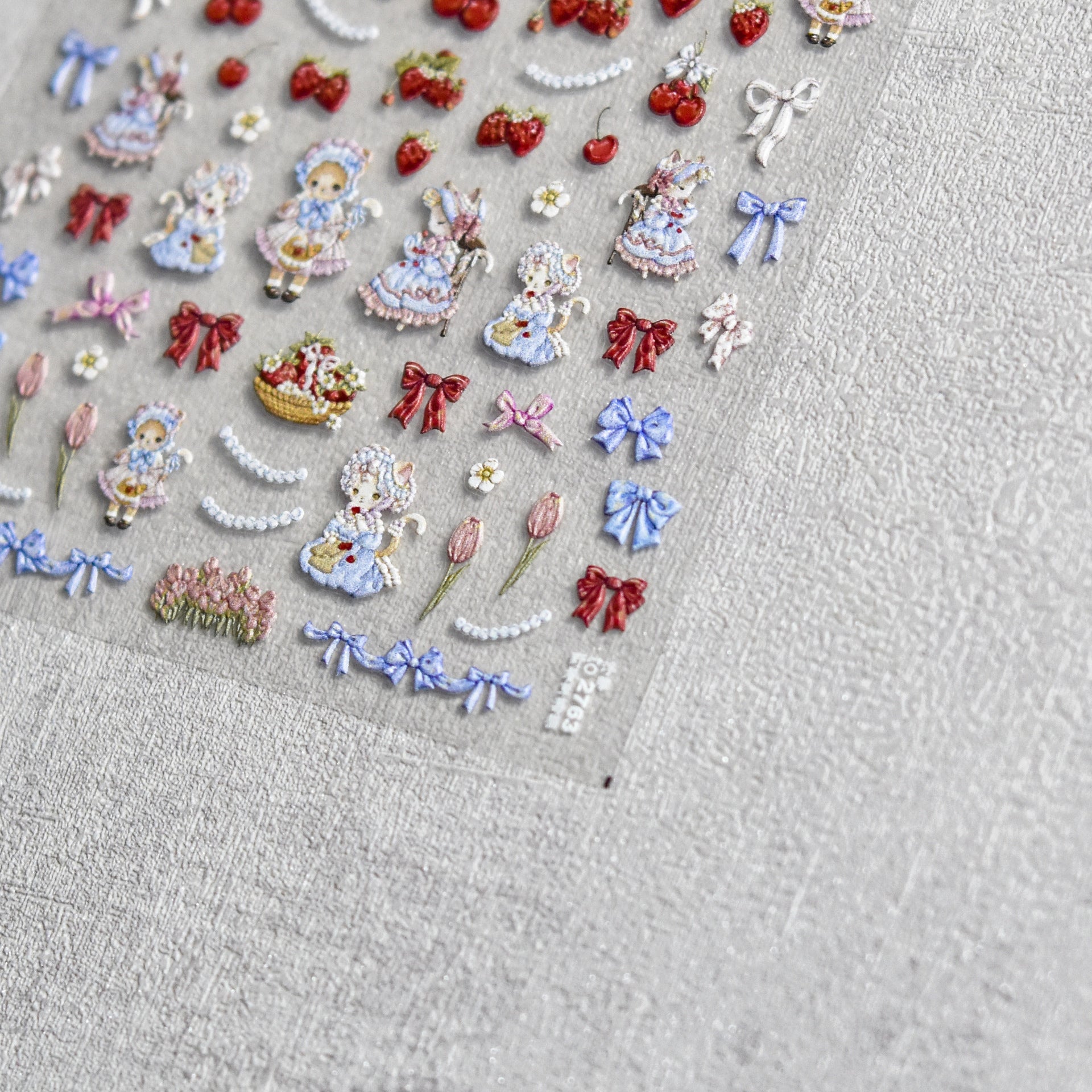 Lolita Doll & Berry Floral: "Strawberry Lolita Garden" – 5D Embossed Nail Sticker