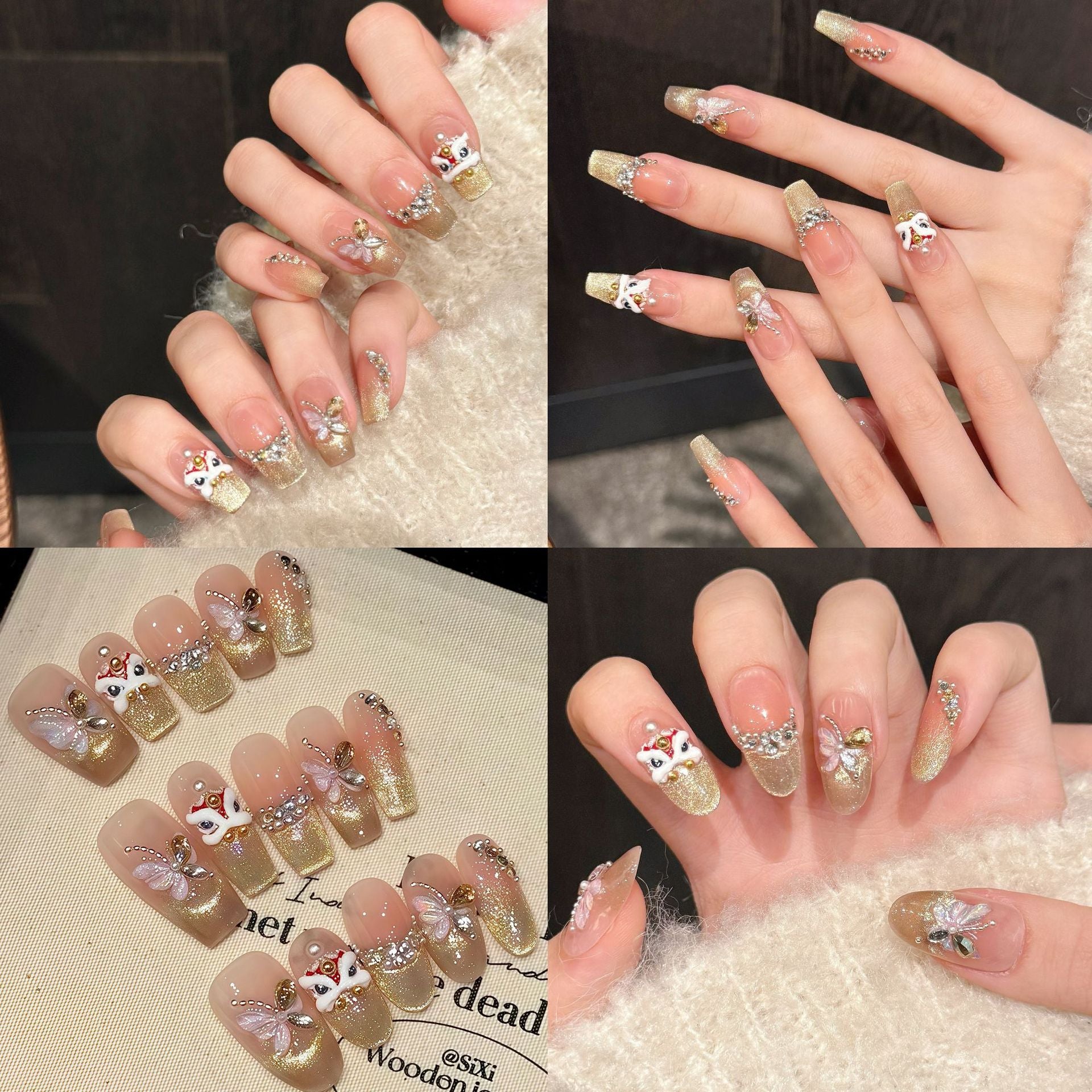 365nails: "Borboleta Dourada" – Adesivo 3D de Borboleta e Unhas Postiças Douradas com Glitter Formato Caixão