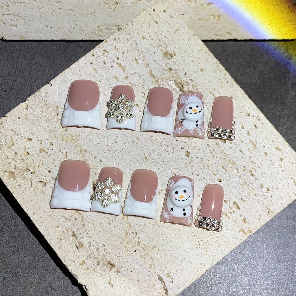 Nude Winter Nails with Snowman and Crystal Details