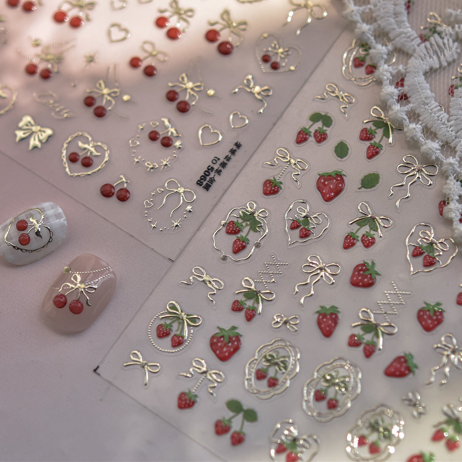 Embossed Fruit Nail Stickers – Cherry & Strawberry Gold Set