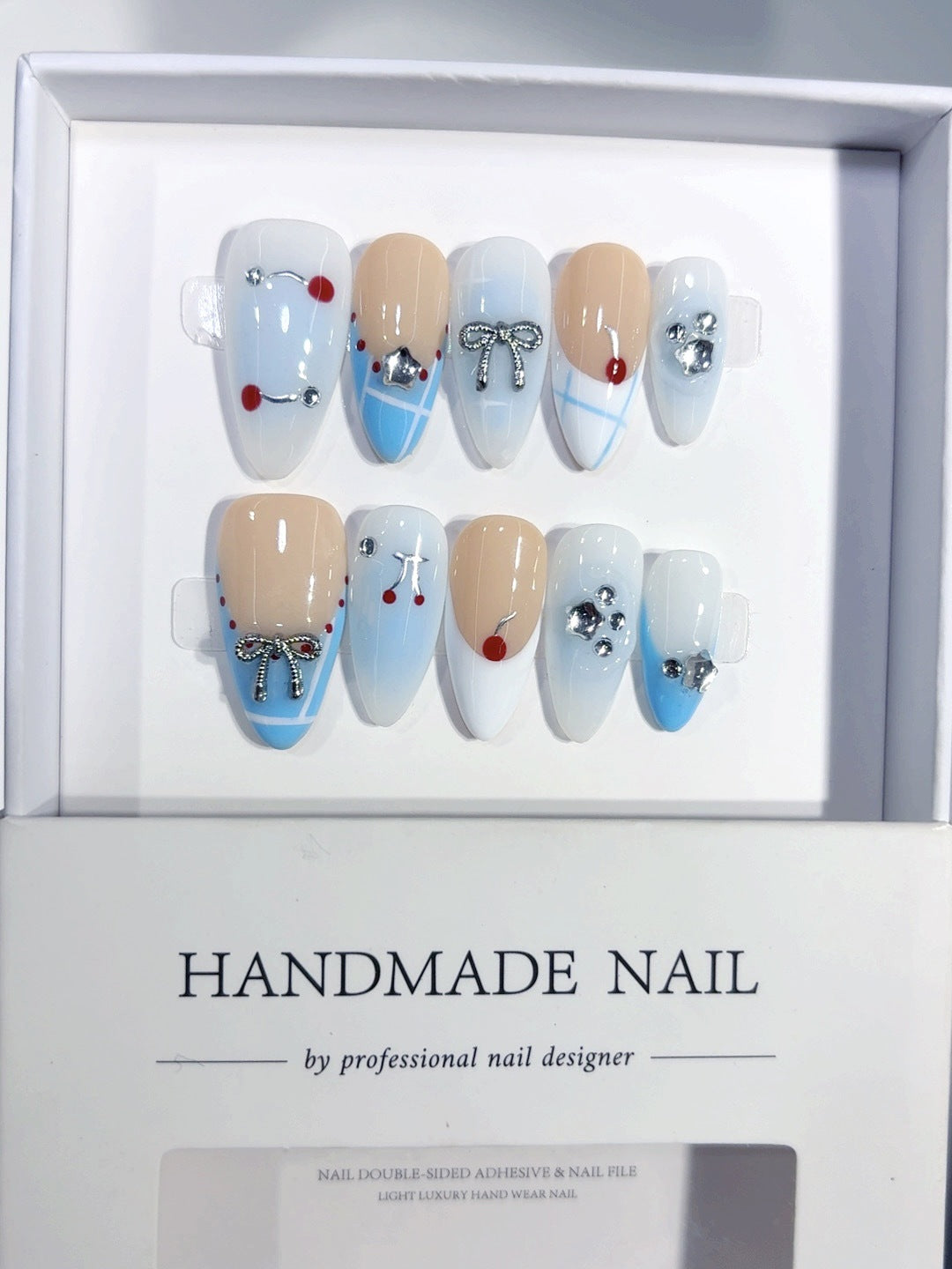 365nails 블루베리 리본의 즐거움 미디엄 아몬드형 귀여운 카툰 수제 프레스온 네일