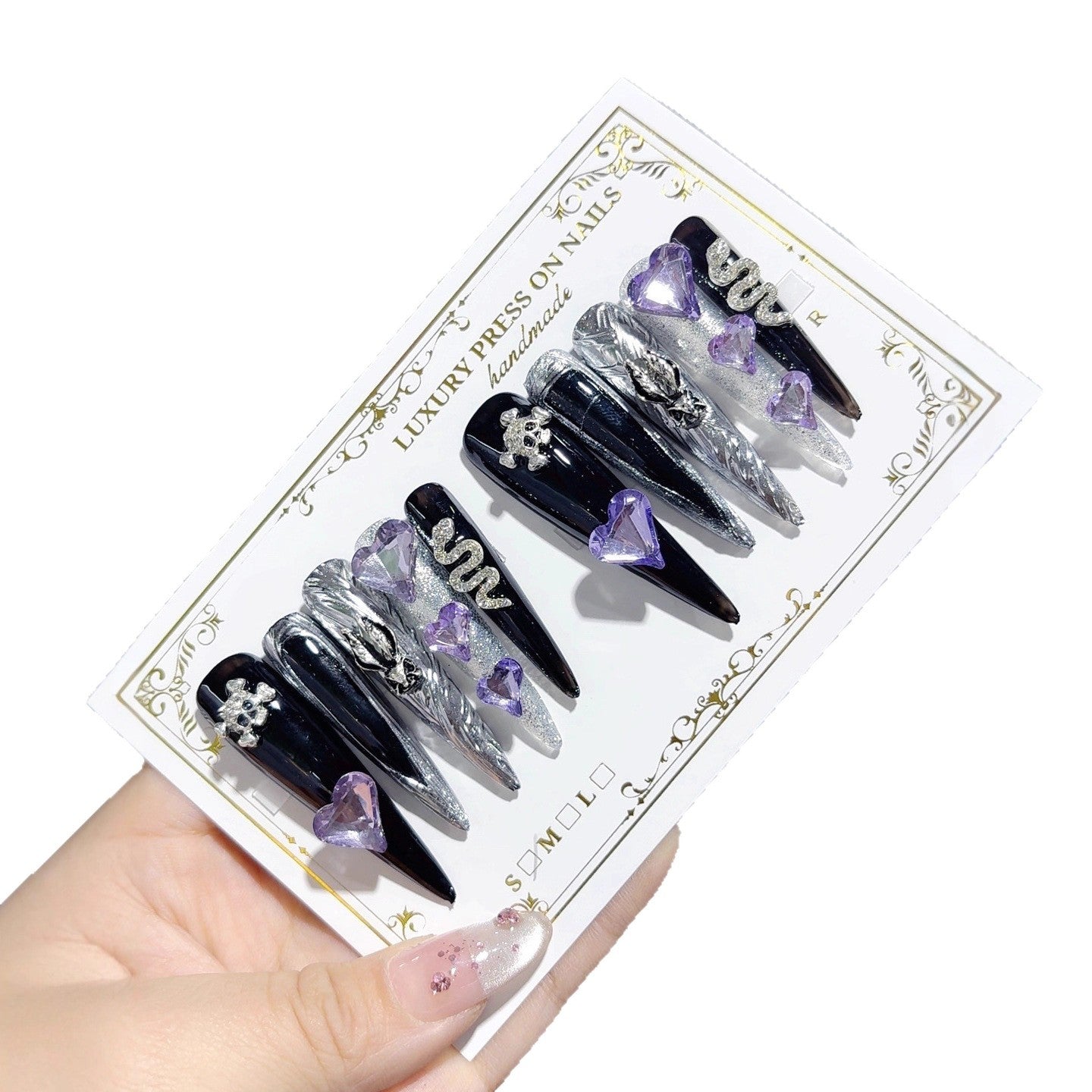 Purple Heart Crystal Gothic Press On Nails