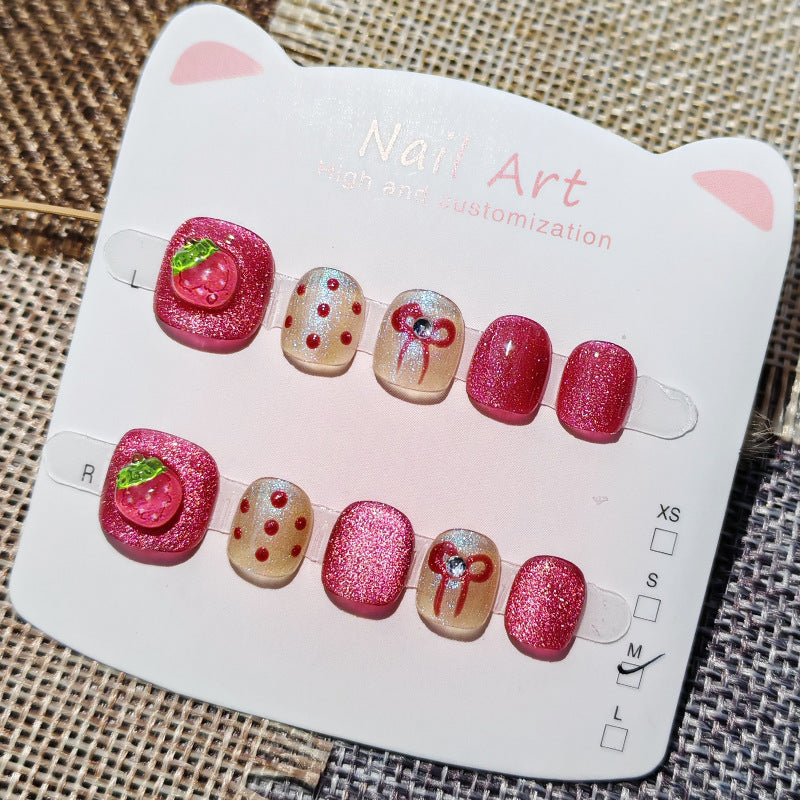 365nails: "sparkling strawberry sweetheart" – short round handmade kids press-on nails