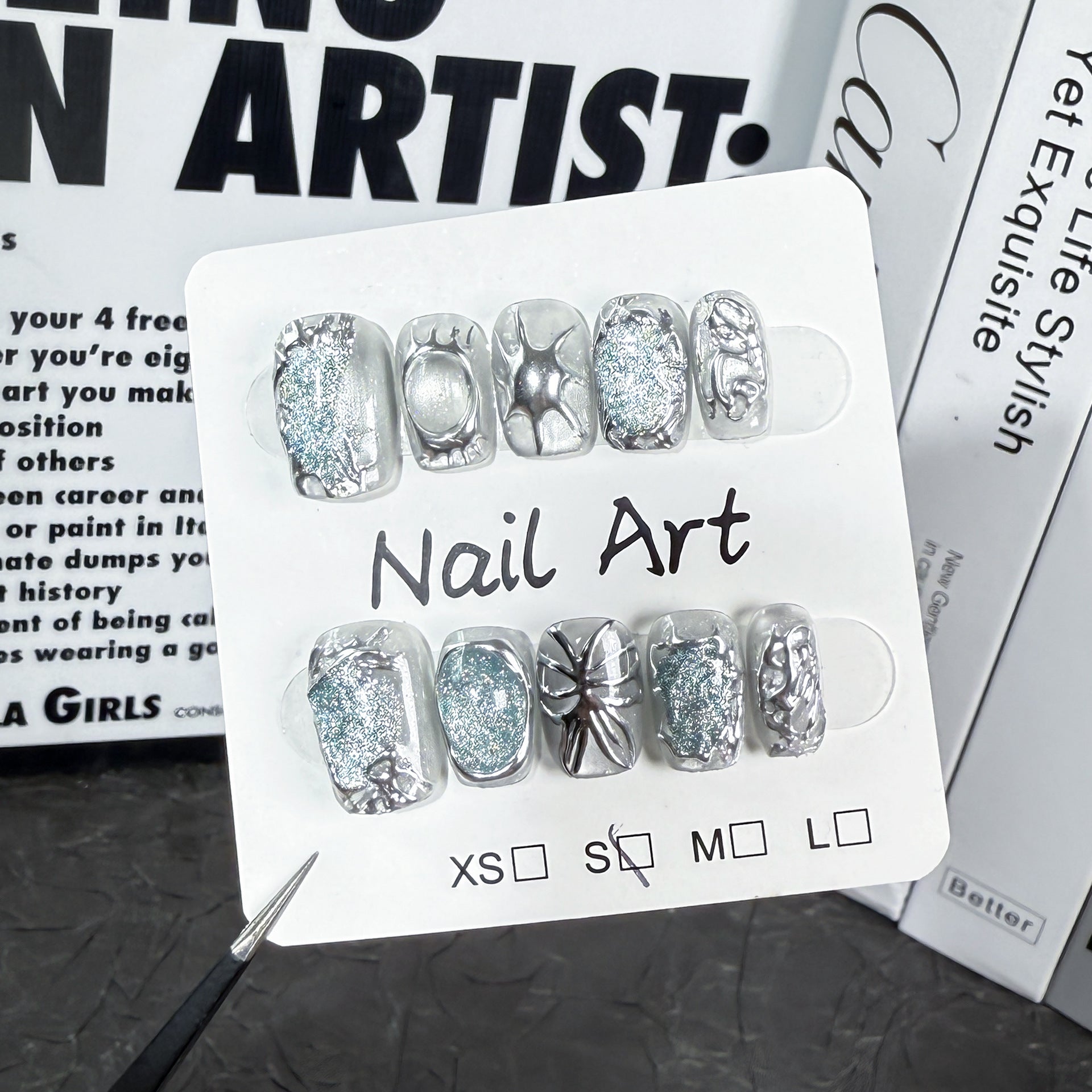 Uñas postizas hechas a mano, forma irregular de metal, mariposa pintada a mano, manicura corta estilo ojo de gato, uñas postizas para usar | 365nails