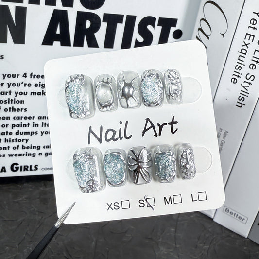 Handmade press-on nails irregular metal shape hand-painted butterfly short cat eye manicure wearable fake nail｜365nails