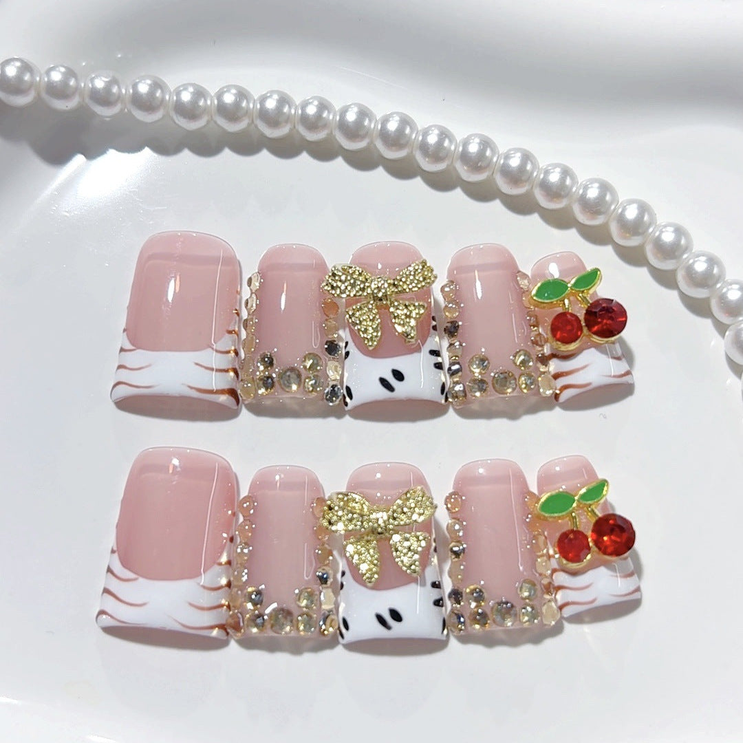 Cerise sauvage : "Cerise papillon zébrée" – Ongles press-on faits main carrés courts