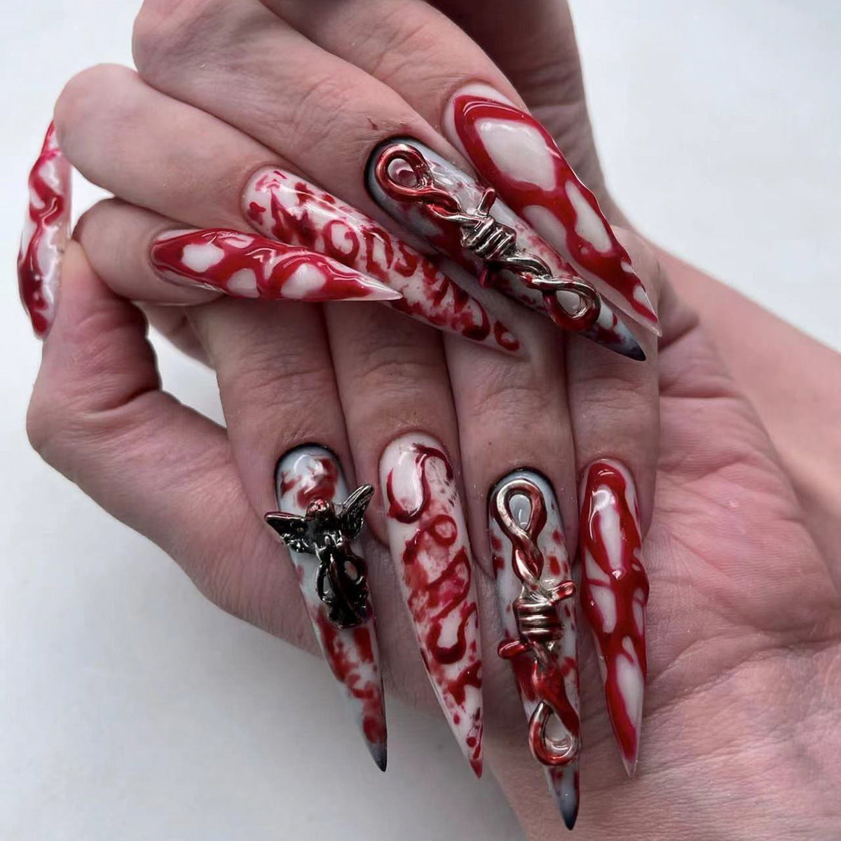 Arte de uñas extra largas y puntiagudas para Halloween, ángeles muy vendidos en Europa y América, con uñas postizas 3D difuminadas, uñas postizas presionadas｜365nails
