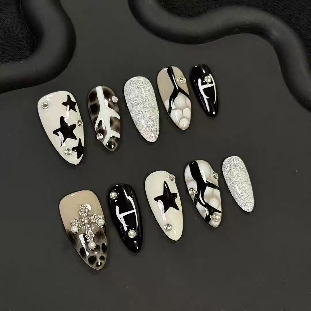 365nails: "Noite Estrelada" – Unhas de Amêndoa Artesanais 3D Estrelas e Mármore