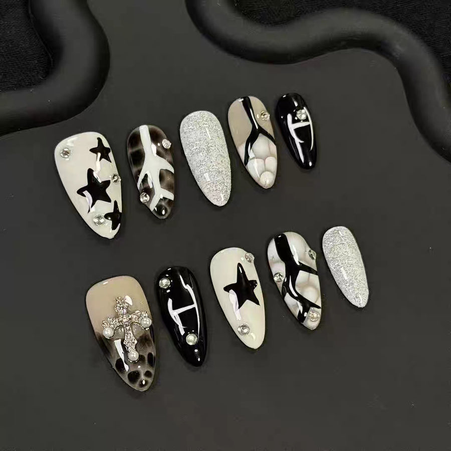 365nails: "Starry Night" – 3D Star & Marble Handmade Almond Nails