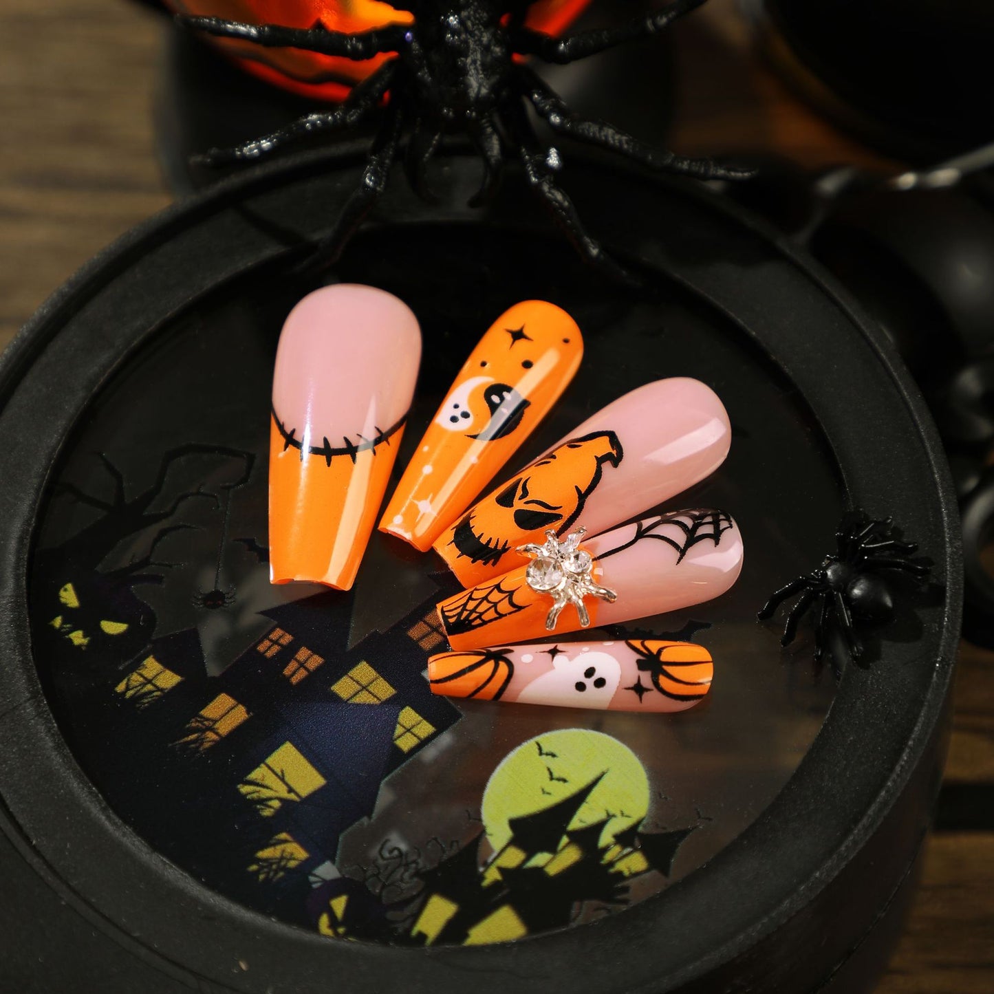 Nail Piece Wear Nail Halloween Nail Art Spider Rhinestone Spider Web White Ghost Pumpkin Press on nails｜365nails