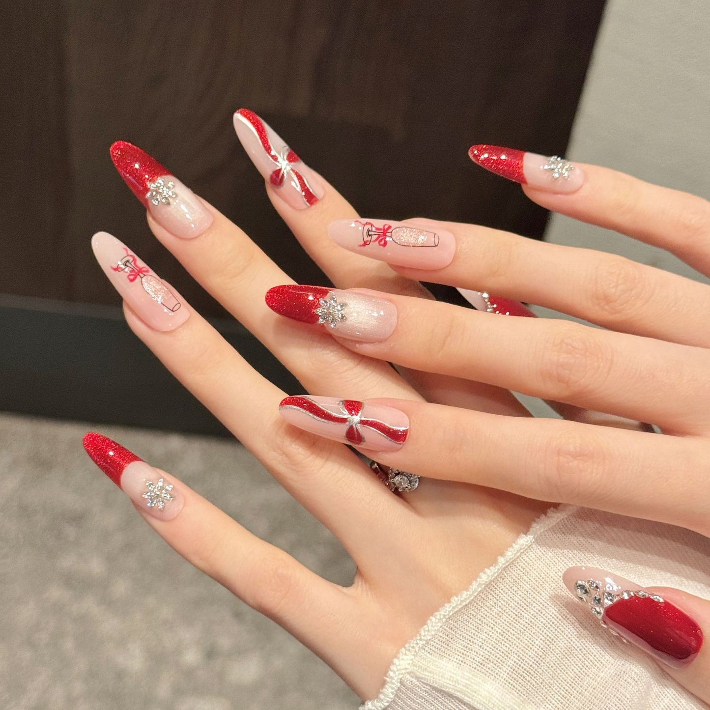 Red Glitter Bow Crystal Festive Press On Nails