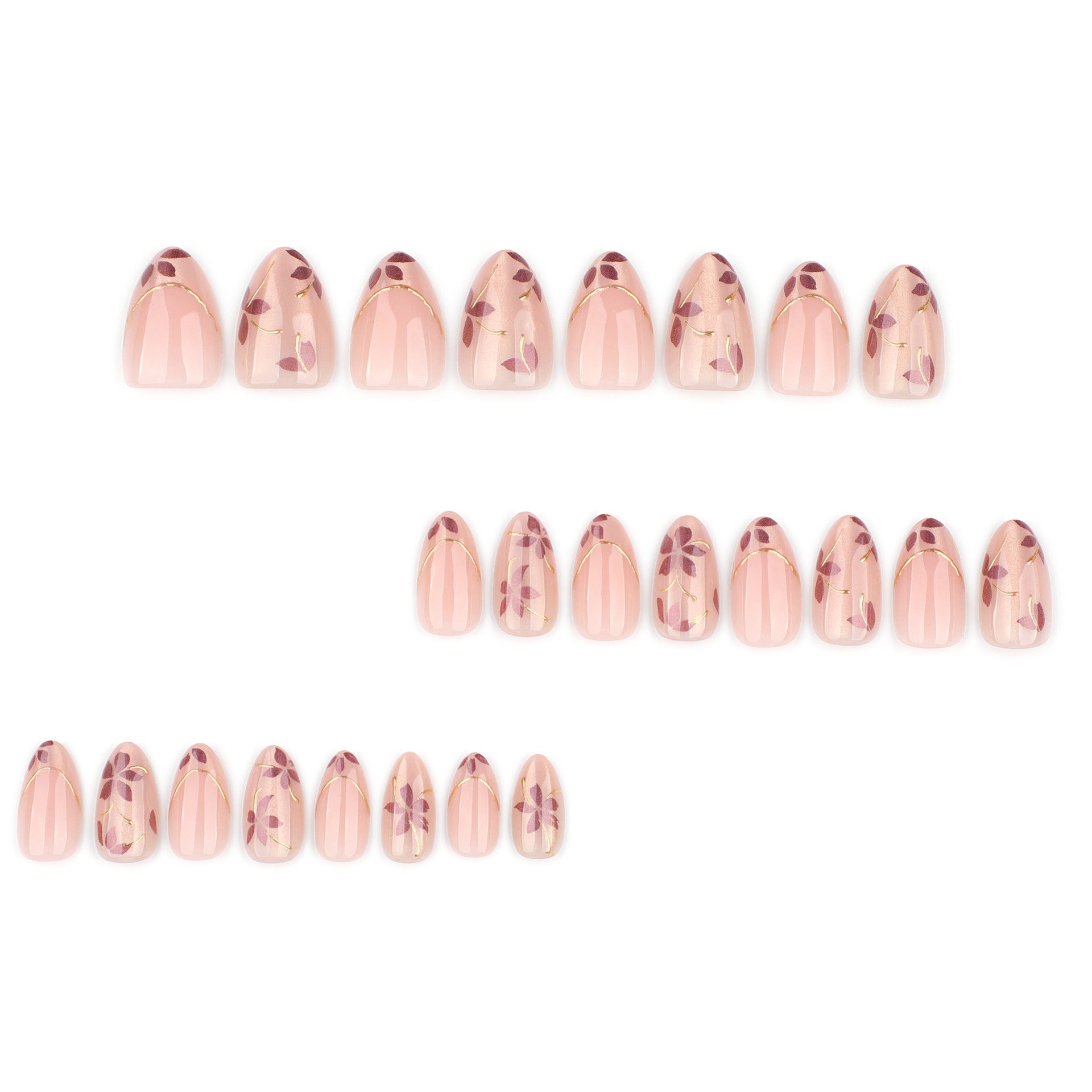 365nails: "Rose Gold Floral Almond" – Nude Press-on Nails with Gold Accents