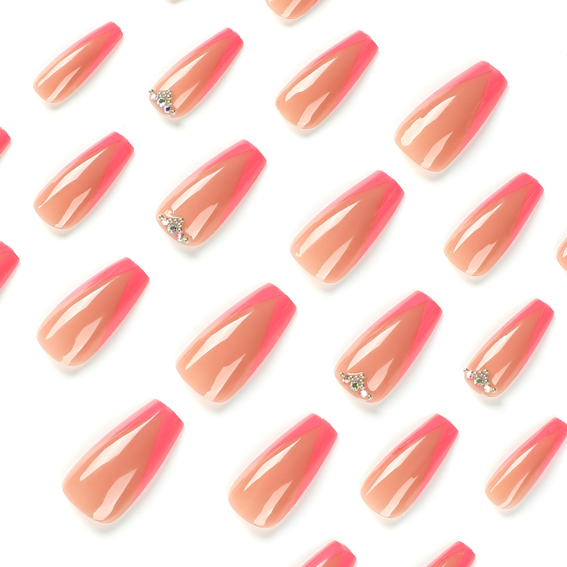 Unhas francesas em formato de V com bordas chanfradas, manicure com strass e diamantes brilhantes, mais vendidas no atacado｜365nails