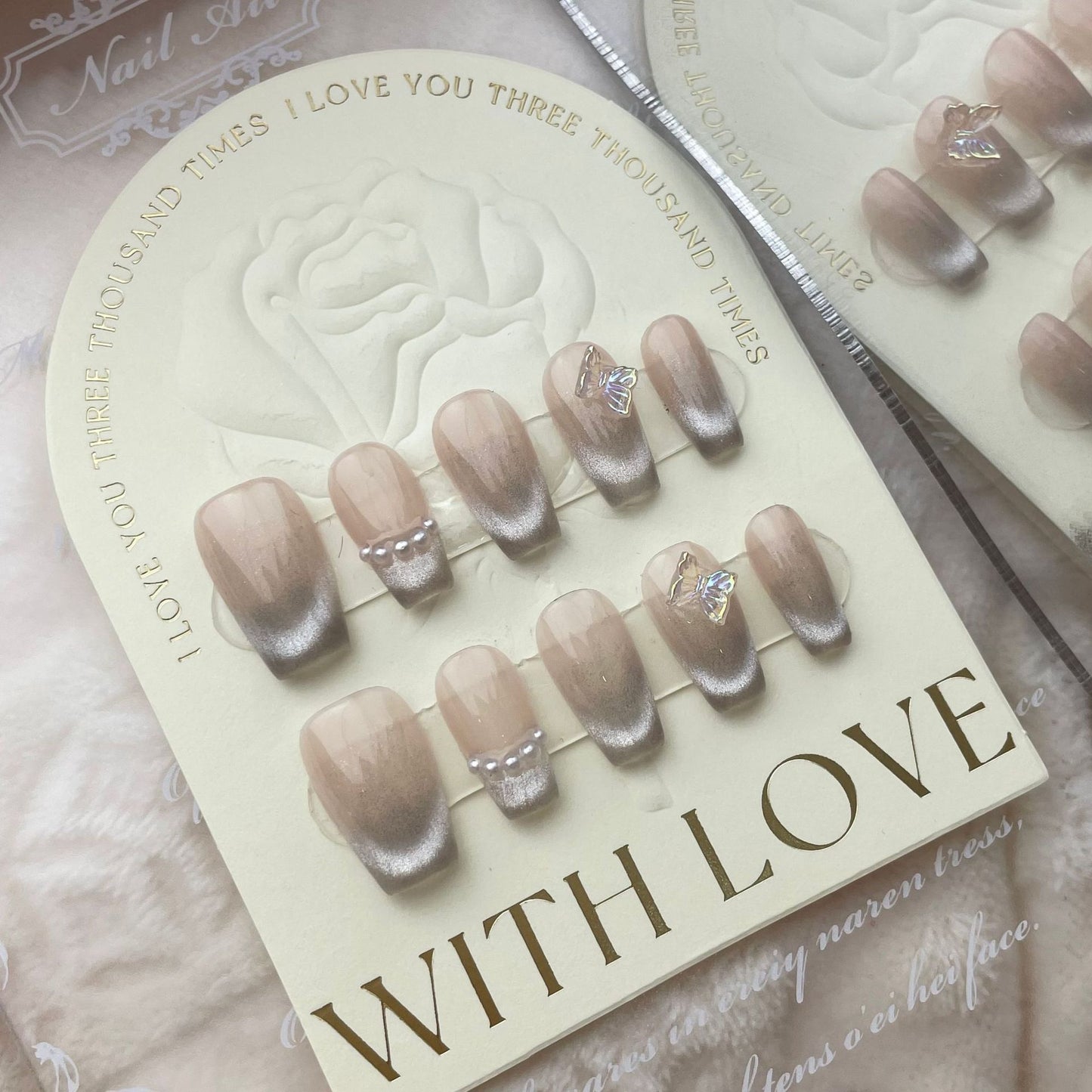 Long Black Silver Medium Nude Pearl Mixed Nail Set