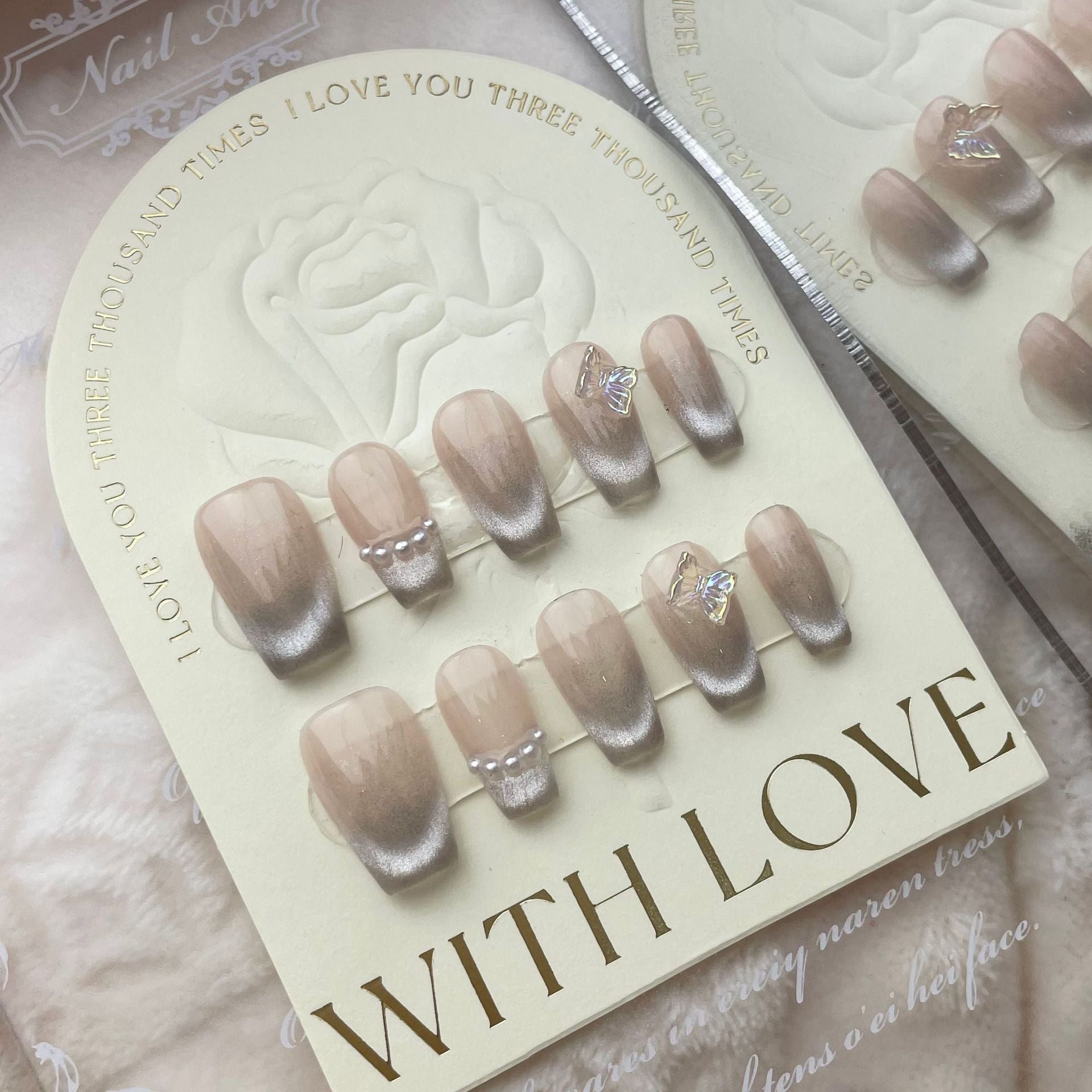 Long Black Silver Medium Nude Pearl Mixed Nail Set