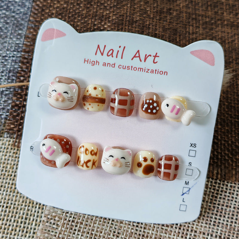 365nails: "caramel kitty" – short round handmade kids press-on nails