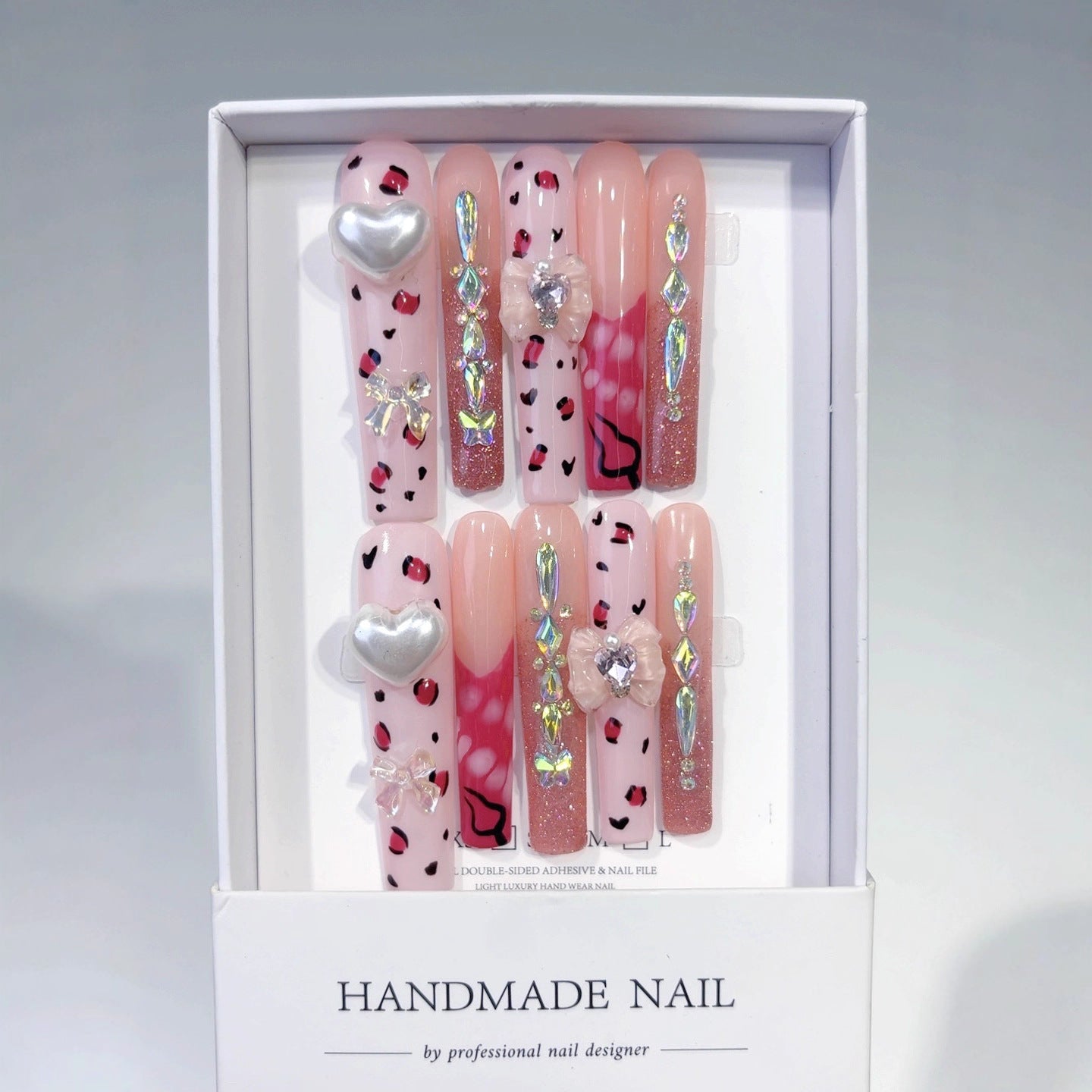 Pink Leopard Heart Crystal Glam Press On Nails