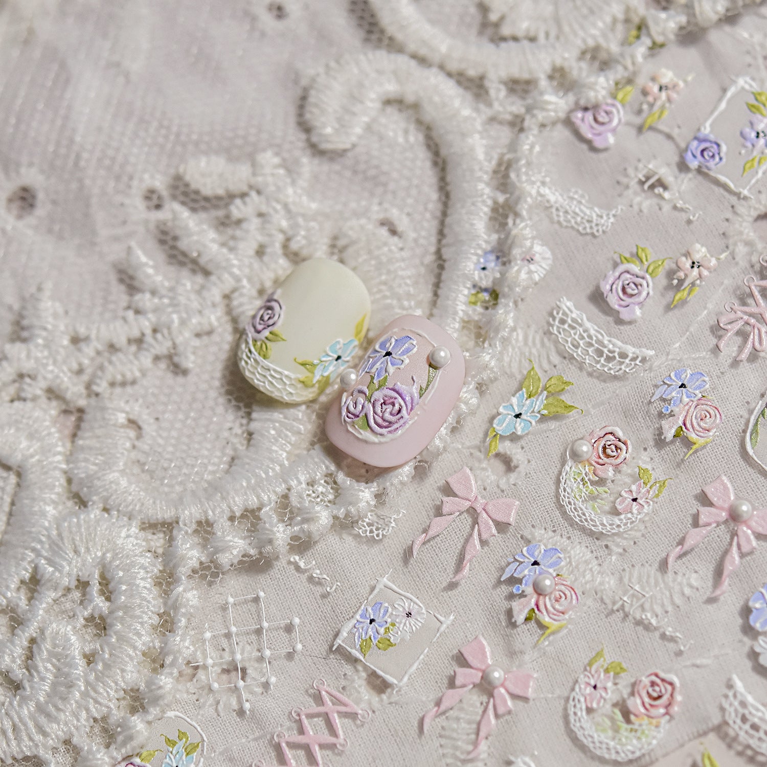 Pastel Floral Bow Collection: "Blush Garden" – 3D Embossed Nail Sticker