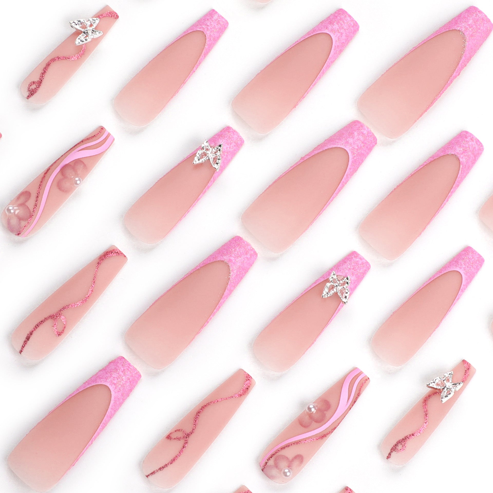 365nails: "Pink Butterfly French Coffin" – 3D Butterfly & Pearl Accent Press-on Nails