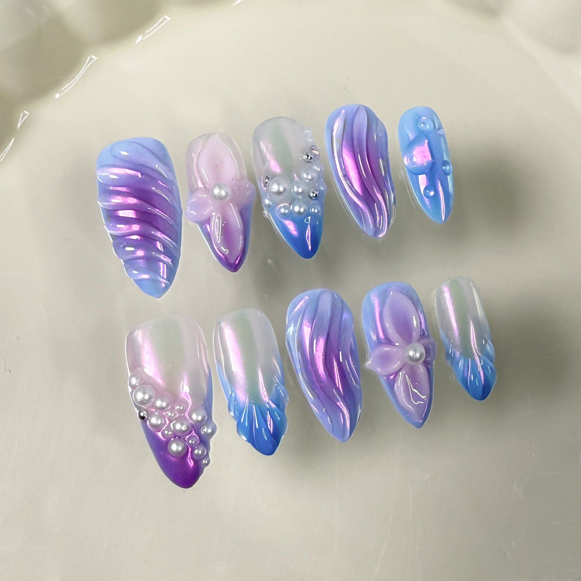 Three-dimensional engraving relief aurora nail ice transparent blush pearl nail art sweet cool hot girl press-on nails pure handmade｜365nails