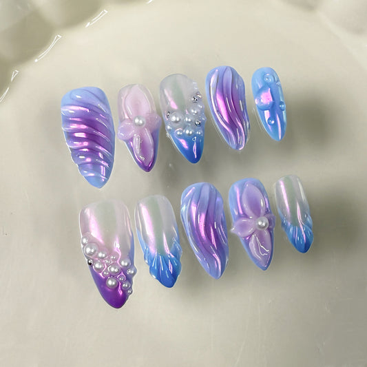 Unhas de pressão com relevo tridimensional, aurora, gelo, transparente, blush, pérola, arte de unha, doce, legal, quente, menina, pura, feita à mão ｜365nails
