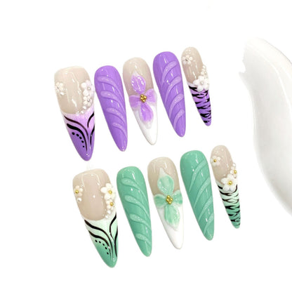 Mandarin Duck Purple Green Pinch Flower  Spice Girls Long Handmade Wear nails | 365nails