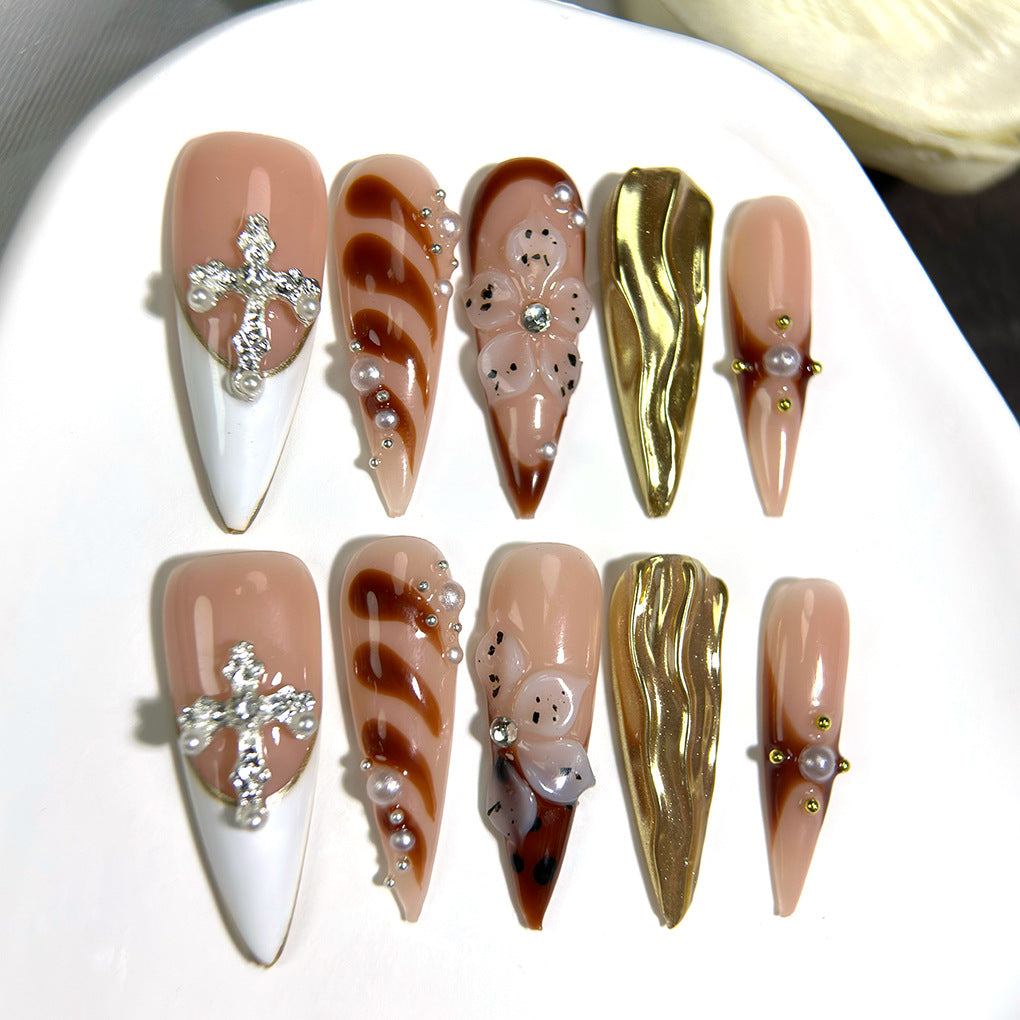 Gold Marble Cross Floral Stiletto Press On Nails