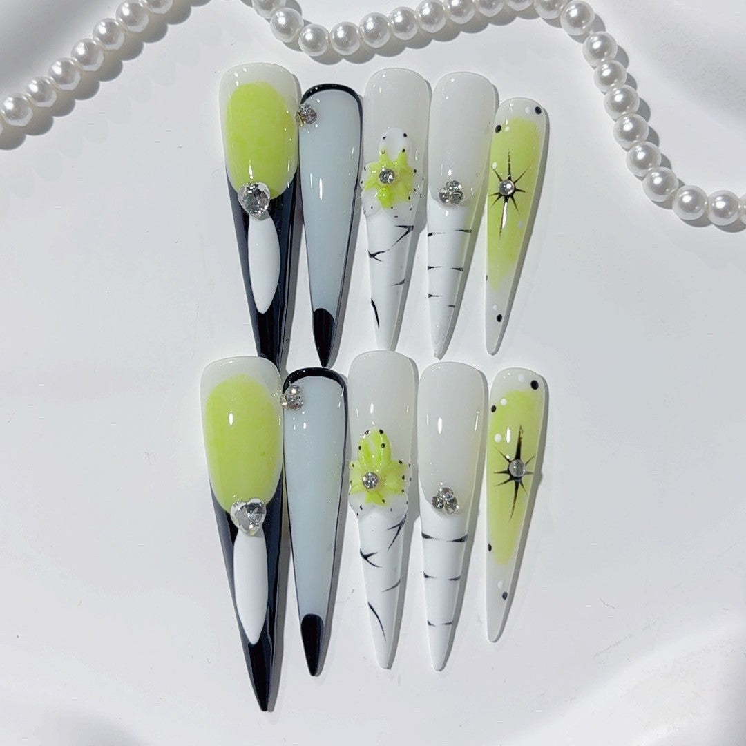 Abstract Lime Accent Extra Long Press On Nails