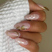 Almond Press On Nails with Pearl Finish & Gold Butterfly Accents