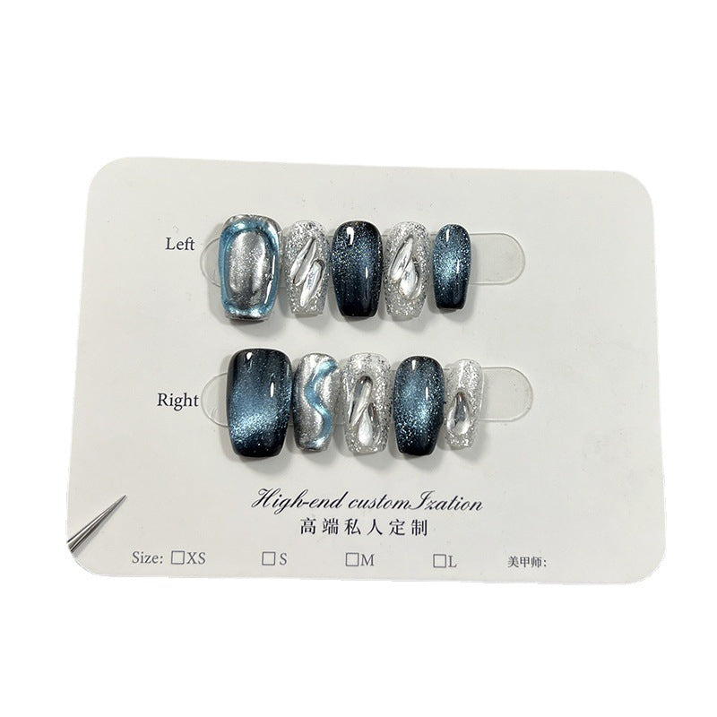 Galaxy Press-On Nails with Silver Chrome and Blue Shimmer