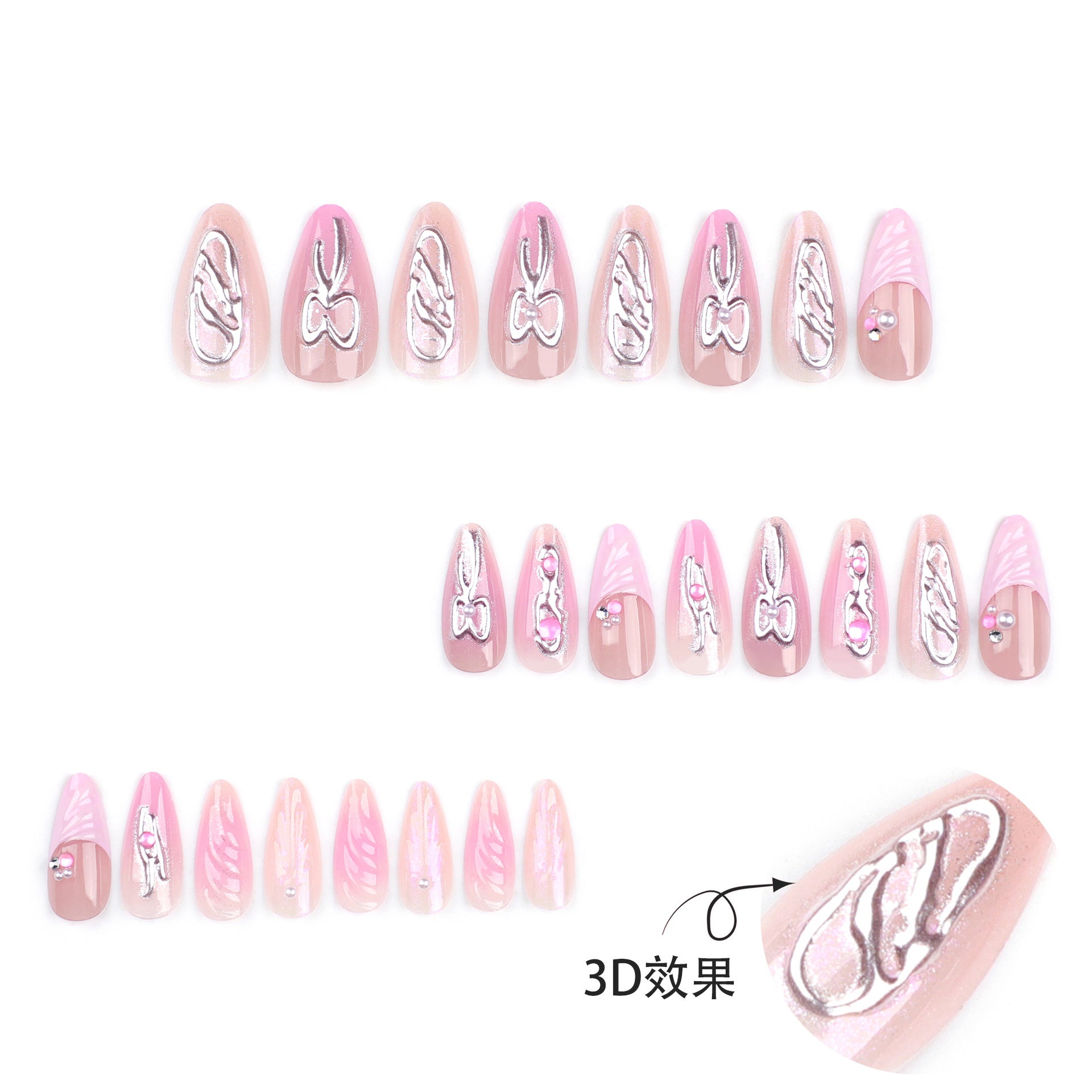 Nail art 3D avec nœud, miroir magique rose argenté, ongles press-on en gros, faux ongles sucrés 3D rose français｜365nails