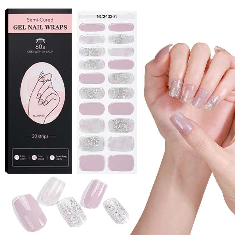 Semi-Cured Gel Nail Strips French Gradient Sparkle Pink Glossy Set (MOQ=3)