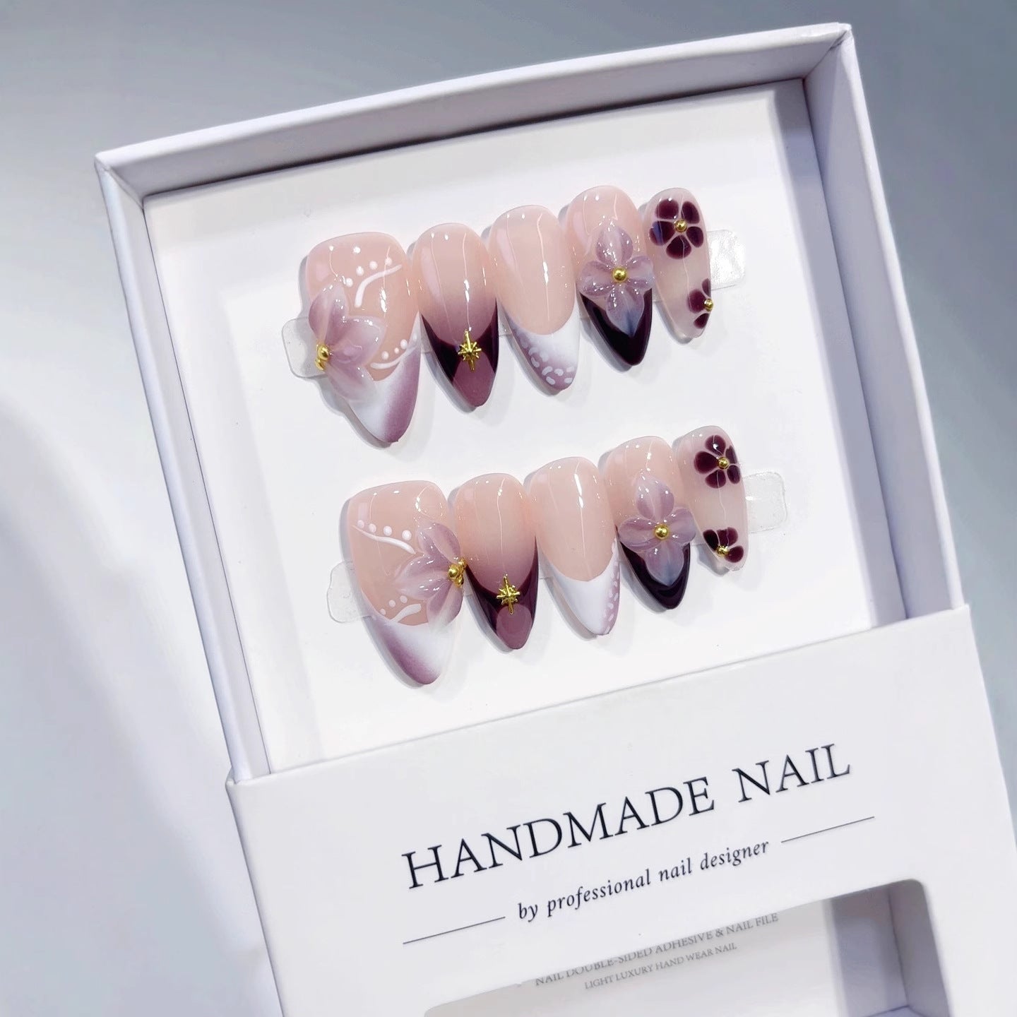 Plum Blossom Gradient: "Purple Floral" – Almond Press-On Nails