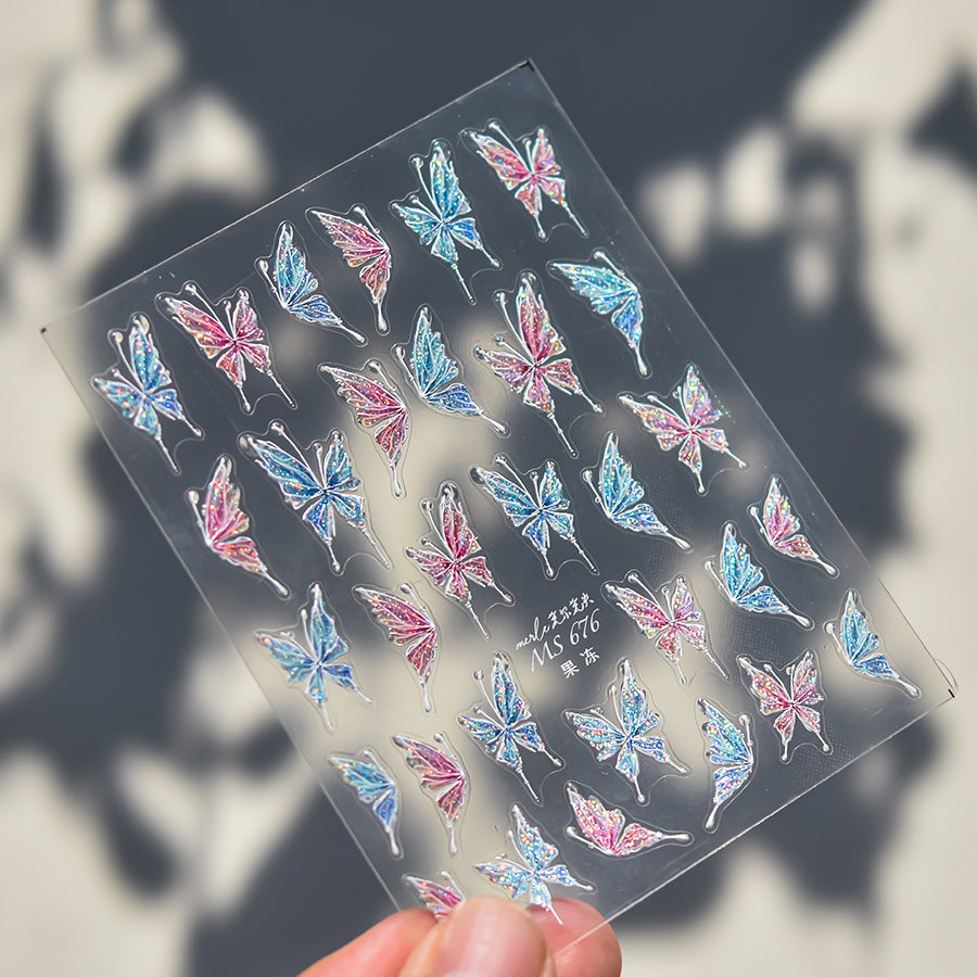 Holographic Iridescent Butterfly Nail Stickers – 5D Embossed Fairy Wing Set