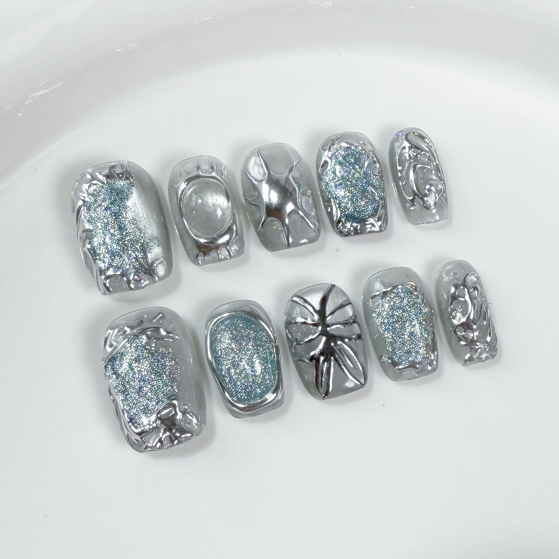 Uñas postizas hechas a mano, forma irregular de metal, mariposa pintada a mano, manicura corta estilo ojo de gato, uñas postizas para usar | 365nails