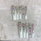 White Crystal Extra Long Coffin Press On Nails