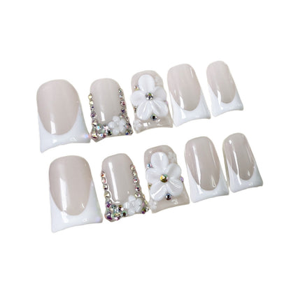 Duck mouth manicure, simple and pure French ice-through three-dimensional carving, pure Handmade press on nails fake nails｜365nails