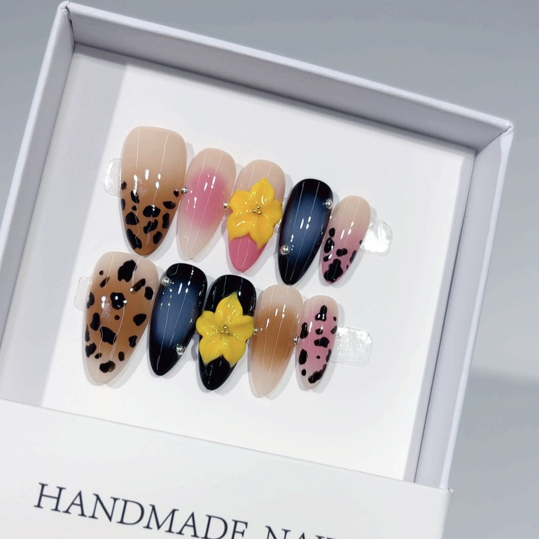 Wild Bloom: "Leopard & Flower" – Medium Almond Handmade Press On Nails