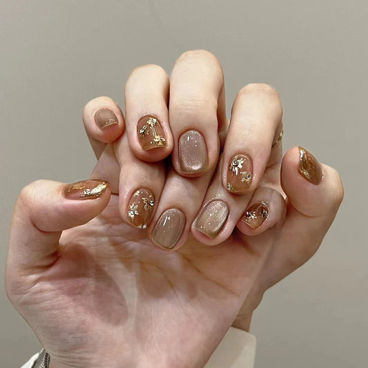 Maillard wind press-on nails caramel color autumn manicure short mini nail piece false nail wholesale｜365nails