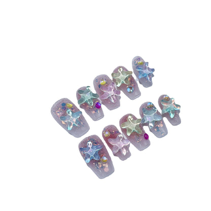Summer ice through handmade press-on nails mocha water ripple starfish fresh short nail patch wearable nail sticker｜365nails