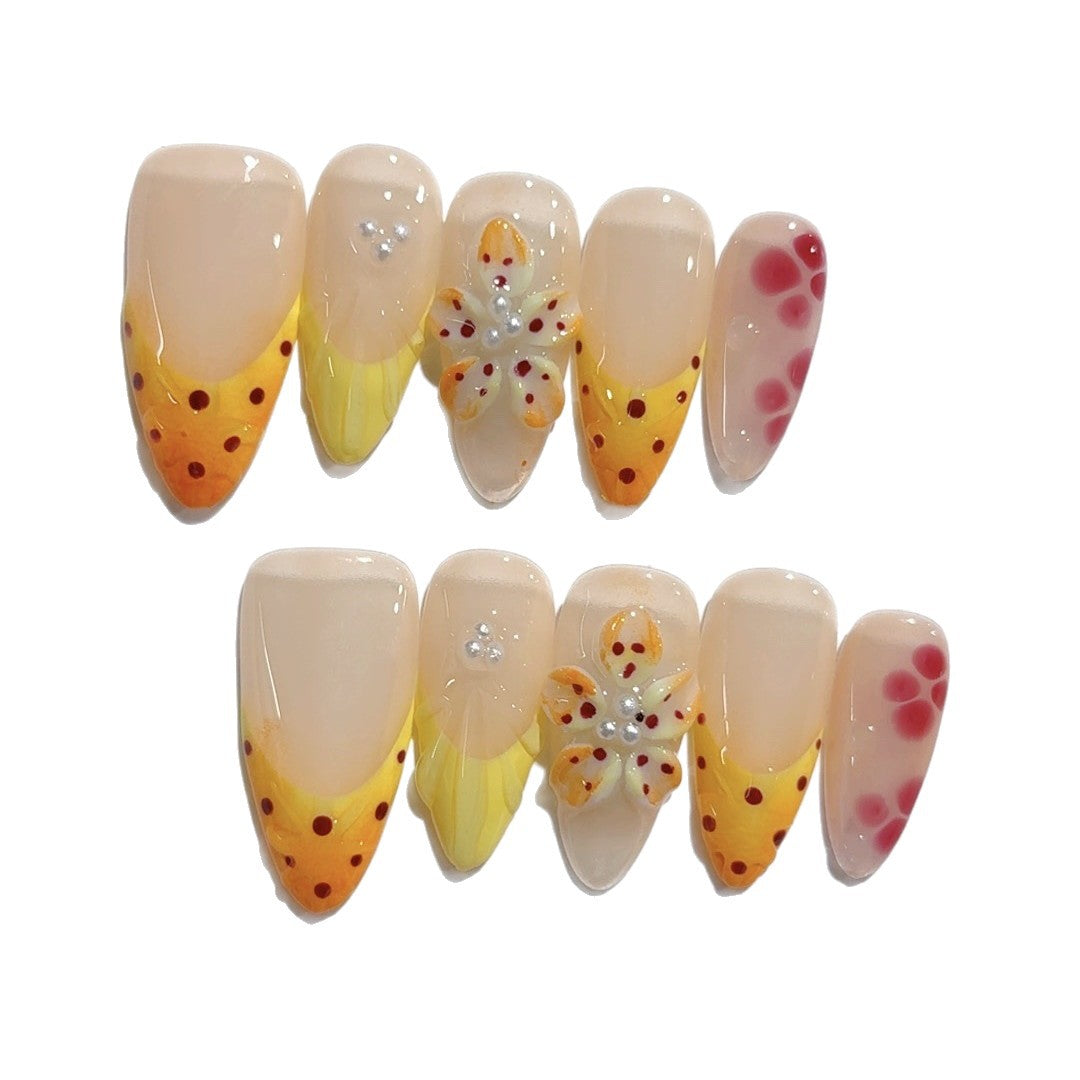 Citrus Bloom: "Fruity Floral" – Almond Shape Handmade Painted Press-On Nails