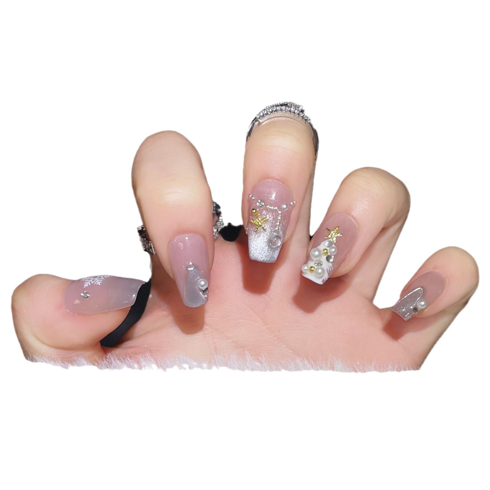 Porcelain White Cat‑Eye Press‑On Nails – Christmas Tree & Crystal Design